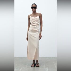 Zara Draped Midi Dress Ecru Size XS Ruched detail Linen NWT